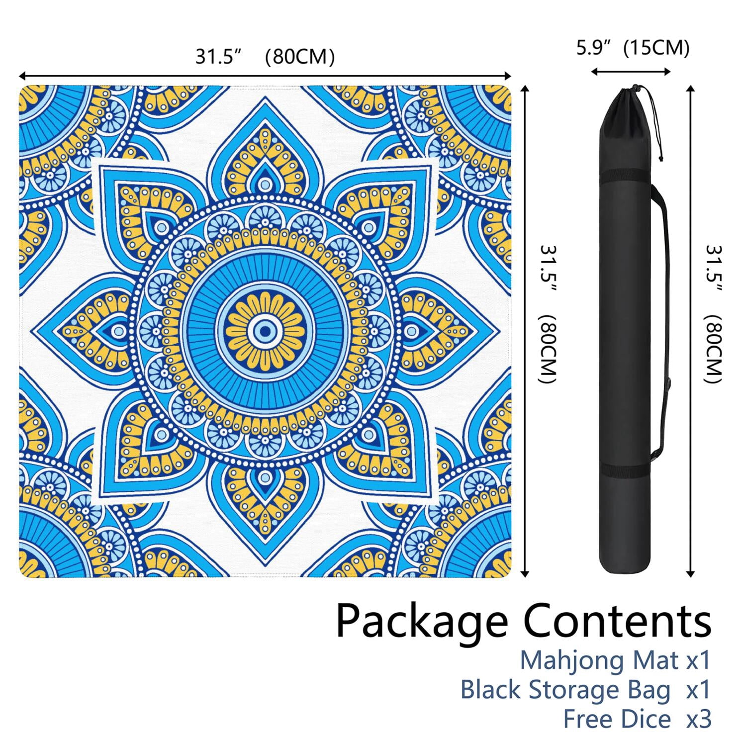Mandala Mahjong Mat for Table, 31.5*31.5in Anti Slip American Mahjong Table Cloth, Noise Reduction, Neoprene Mah jongg Mat with Carrying Bag & 3 Dices, Mahjong Accessories Gift, Board Tile Games Mats