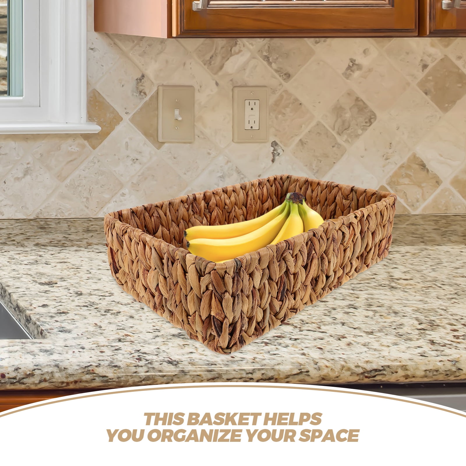 Rectangular Wicker Basket Handwoven Fruit Storage Basket Small Decorative Basket Woven Sundries Organizer Tabletop Storage Container Bins For Home Kitchen Bathroom Bar