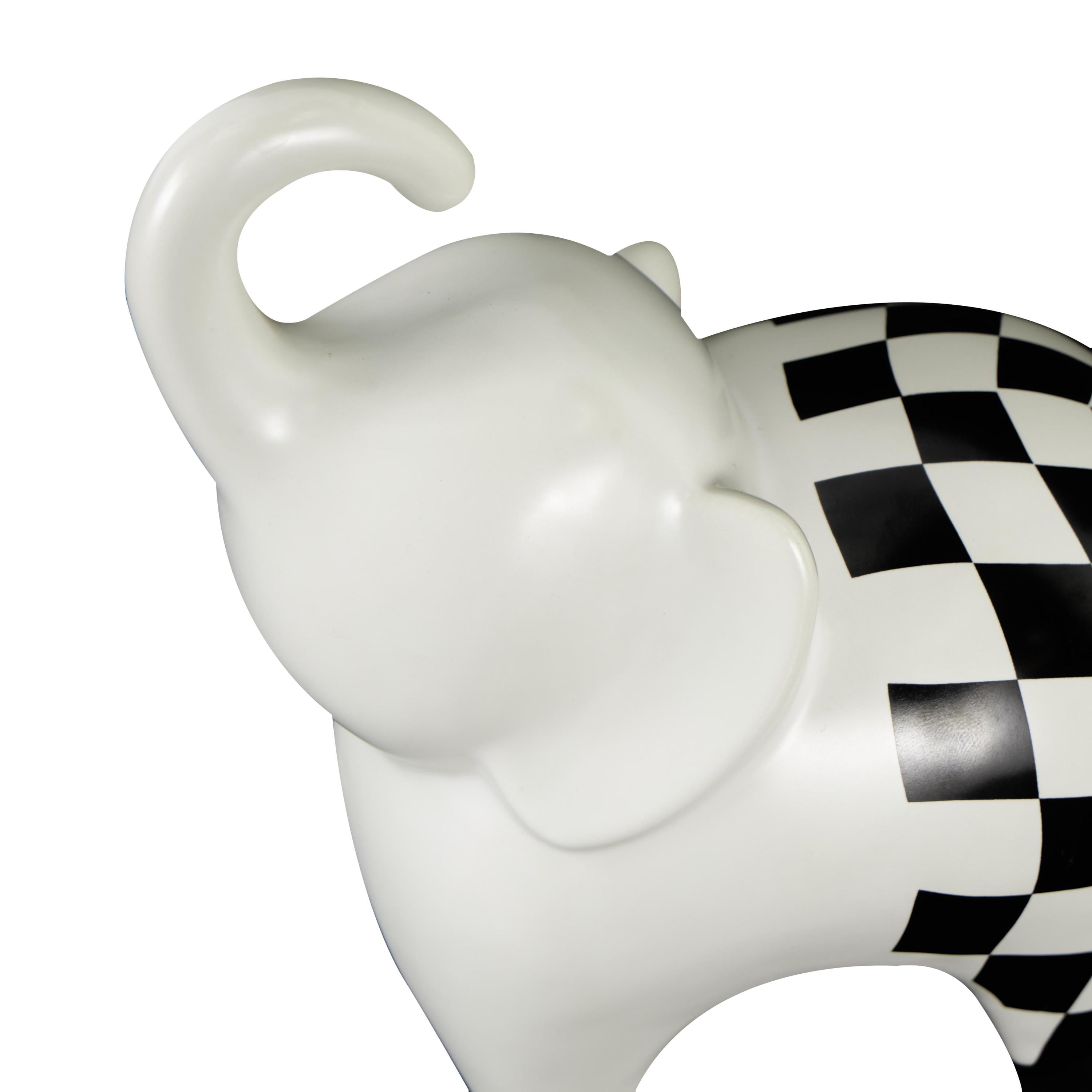 6", 7"H White Ceramic Small Elephant Sculpture with Checkered Pattern, by DecMode (2 Count)