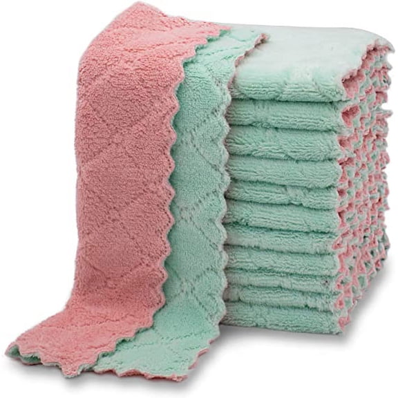 Nvzi 12 Pack Kitchen Cloth Dish Towels, Premium Dishcloths, Super Absorbent Coral Velvet Dishtowels, Nonstick Oil Washable Fast Drying (Pink-Green)