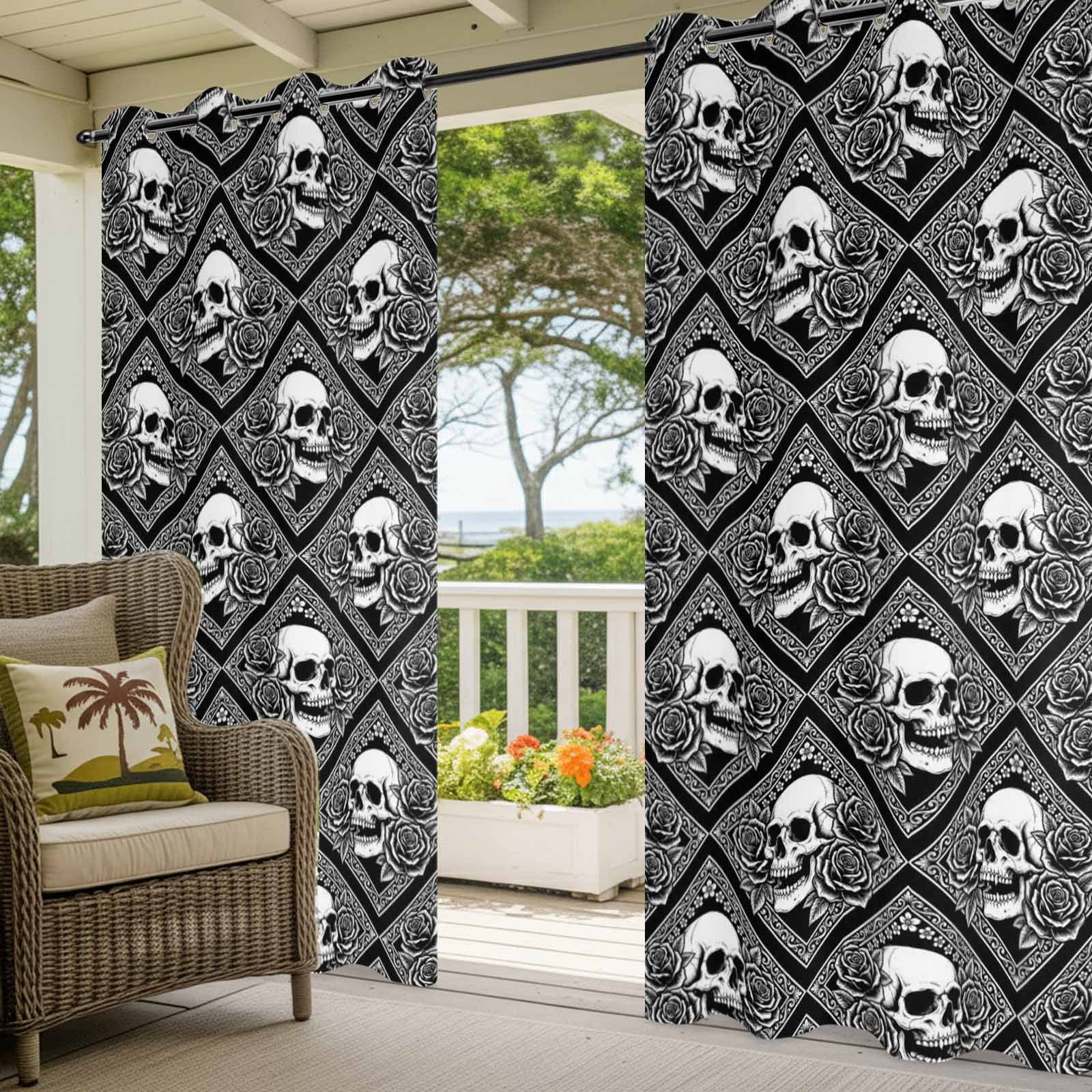 Gray Skulls Outdoor Curtains for Patio, Abstract Baroque Dark Rose Rustic Plants Farmhouse Sunshade Privacy Drapes Grommet Waterproof Outside Curtains for Porch/Cabana/Balcony 54"x 108", 1 Panel