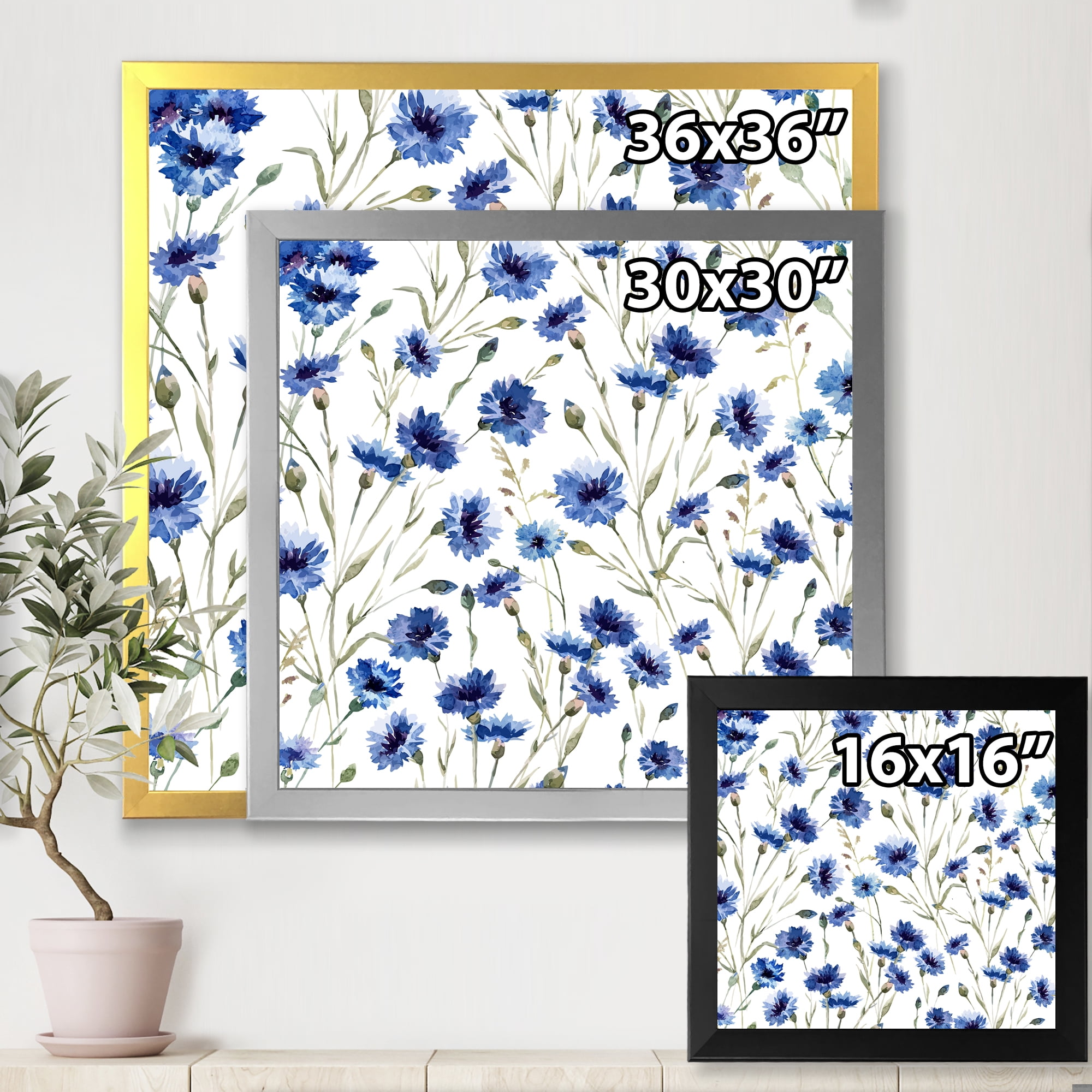 Designart 'Blue Wildflowers With Green Leaves On White' Traditional Framed Art Print