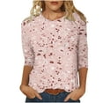 thumbnail image 2 of Sakmal Ladies Tops Pink 3/4 Sleeve Crew Neck Floral T-Shirts Womens T Shirts, 2 of 5
