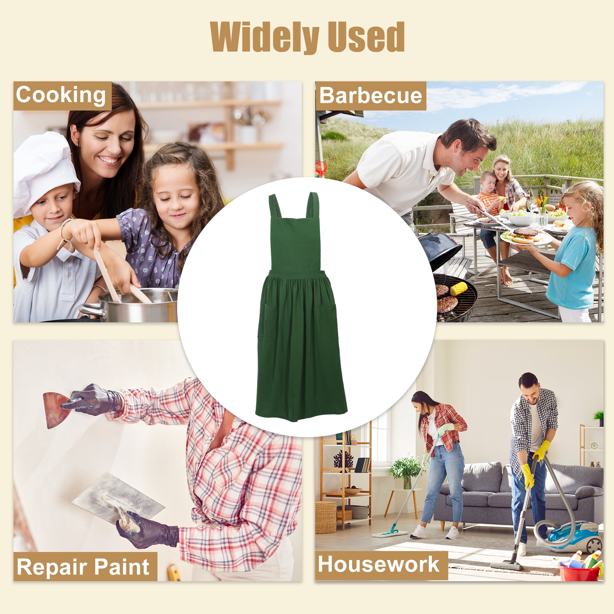 Unique Bargains Cotton Linen Cross Back Apron with Pockets Green
