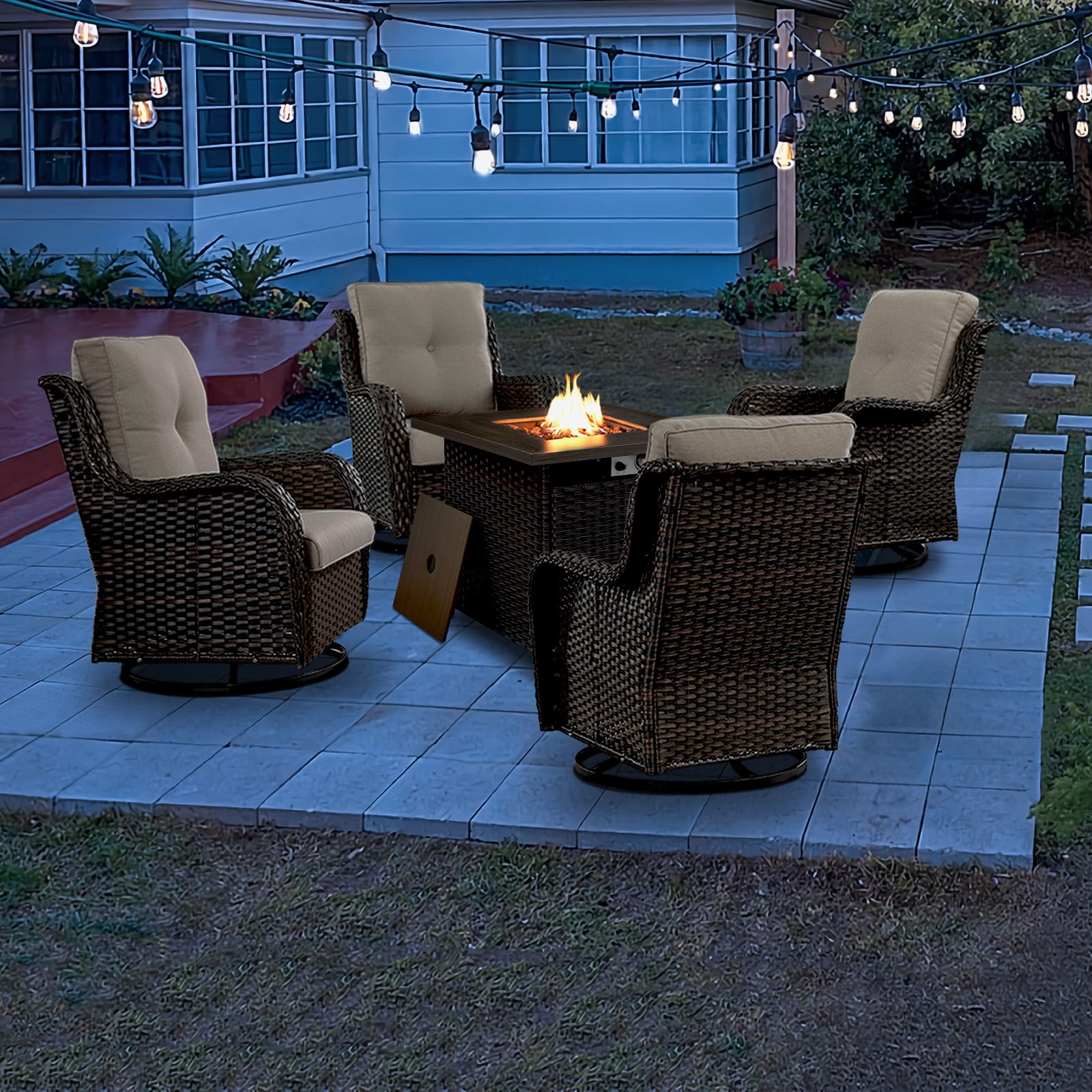 Gymojoy 5-Piece Patio Furniture Set with Rectangular Fire Pit Table, Swivel Rocking Chairs, Outdoor High Back Wicker Rattan Conversation Set with 4-inch Beige Cushions