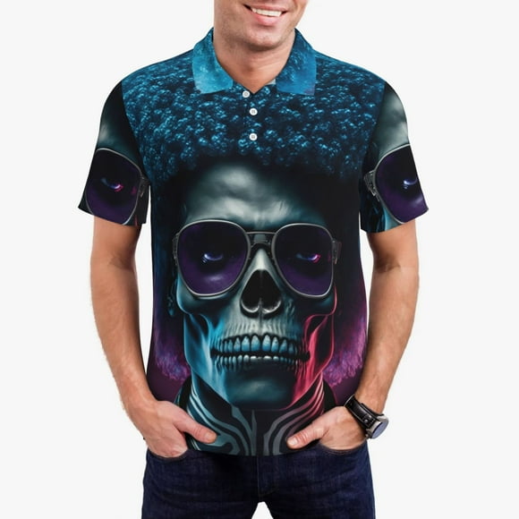 Saiise Punk Style Blue Haired Skull Print Mens Golf Shirt Moisture Wicking Quick-Dry Print Performance Polo Shirts for Men-3X-Large