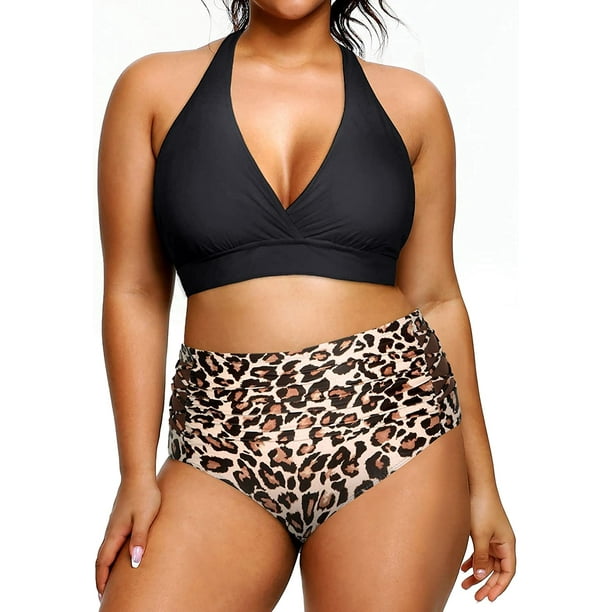 Yonique Womens Two Piece Plus Size Halter Bikini Swimsuits Tummy Control  Bathing Suits High Waisted Swimwear, Leopard