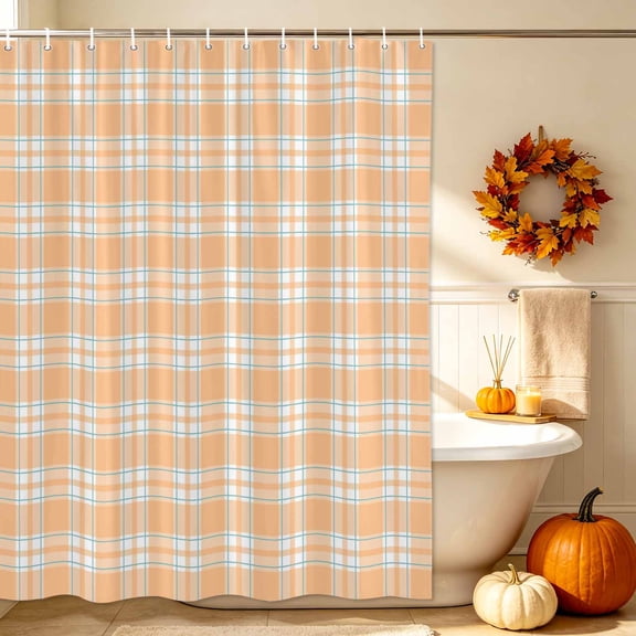 Shower Curtain Bathroom Set Thanksgiving Orange Plaid Waterproof Fabric Shower Curtains with Grommets&Hooks, Abstract Geometric Line Privacy Bath Curtain for Bathtub 60x72in