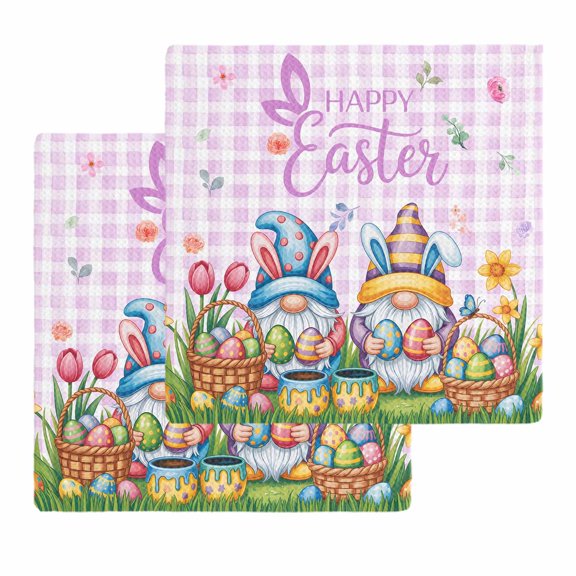 Easter Gnomes Bunnies Kitchen Dish Towels for Drying Dishes Set of 2, Spring Easter Eggs Floral Purple Plaid Waffle Weave Microfiber Hand Tea Bathroom Towels Quick Dry & Absorbent Towel 12x12