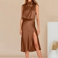 thumbnail image 5 of Summer Savings Clearance! Edvintorg Women Summer Formal Mock Neck Sleeveless Satin Dress Elastic Waist Slit Midi Wedding Guest Dresses 2024 Coffee S, 5 of 6