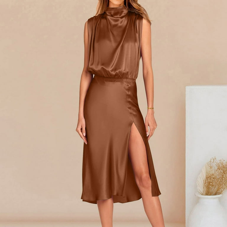Lovskoo 2024 Wedding Guest Dresses for Women Evening Gown Trendy Blackless Loose Sleeveless Solid Knee-High Dress Split Cocktail Dresses 2023 Coffee,
