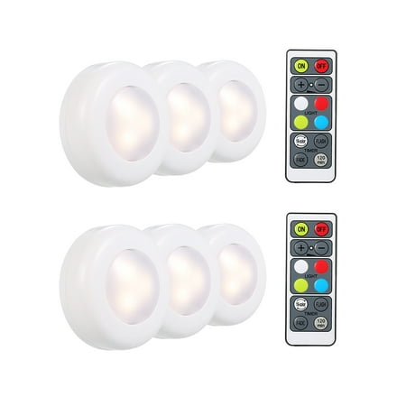 

RGB LED Under Cabinet Lamp Puck Light 6 Pack with Remote Control Brightness Adjustable Dimmable Timing Supported 16 Colors Automatic Changing/ Flash/ Fade 3 Modes Battery Operated Powered f