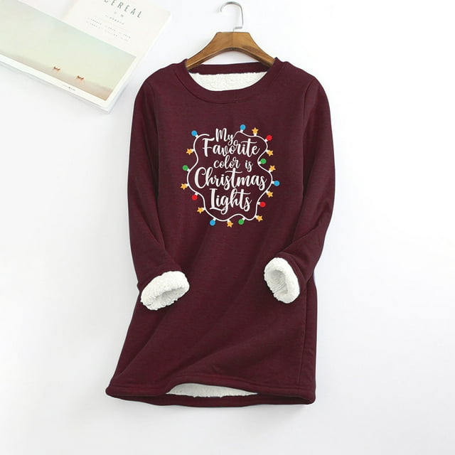 Chandails à Capuchon à Manches Longues pour Femmes, Mode Décontractée d'Hiver, sous-Couche Chaude en Peluche, Imprimé de Noël, Hauts à Col Rond à Manches Longues, Tenues d'Hiver pour Femmes en Liquidation