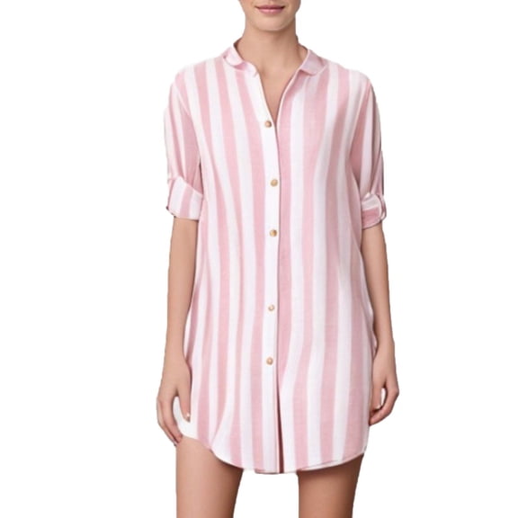 ZyeKqe Womens Blouses Striped Button down Half Sleeve Long Shirts Plus Size Soft Dress Tops S-5XL