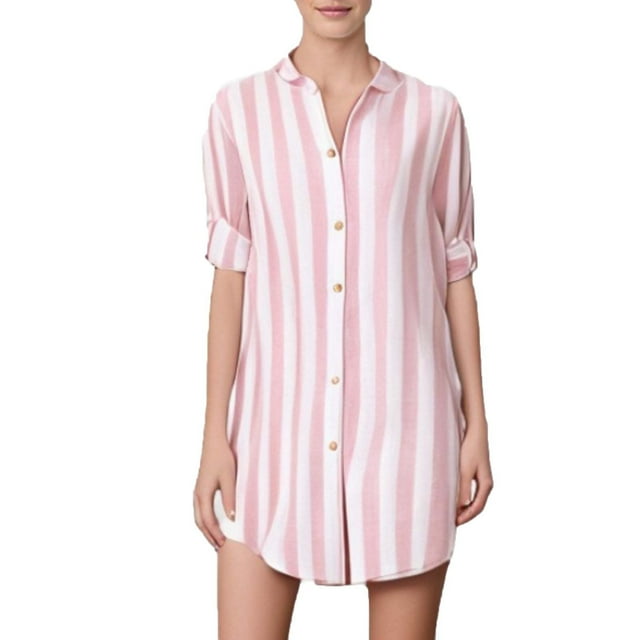 Yuyuzo Chemisiers pour Femmes à Rayures, Boutonnés, Manches Mi-Longues, Chemises Longues, Grande Taille, Hauts de Robe Doux, P-5TG
