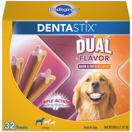 Pedigree Dentastix Dual Flavor Large Dog Treats, Bacon & Chicken Flavors, 1.47 Lbs. (32