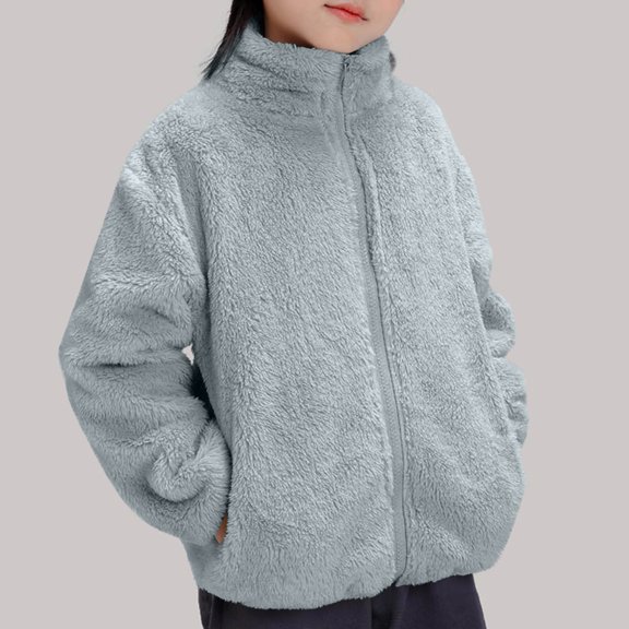 AUNVITO Girls & Boys Fleece-Lined Thermal Jacket Windbreaker, Solid Color Stand Collar Zipper Casual Outerwear for 2-13Y