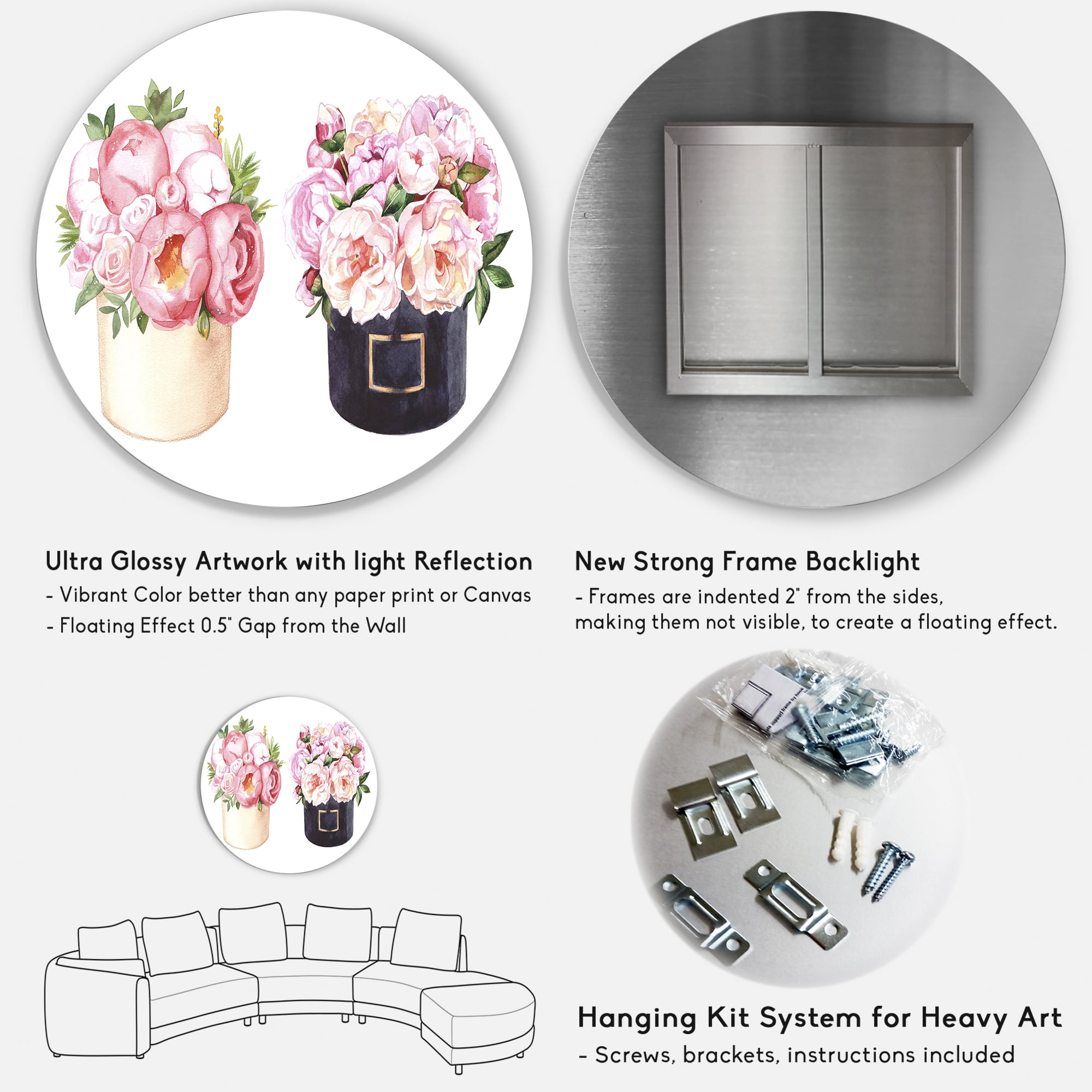 Designart 'Peonies and Rose With Flower Box' Farmhouse Circle Metal Wall Art 29x29 - Disc of 29