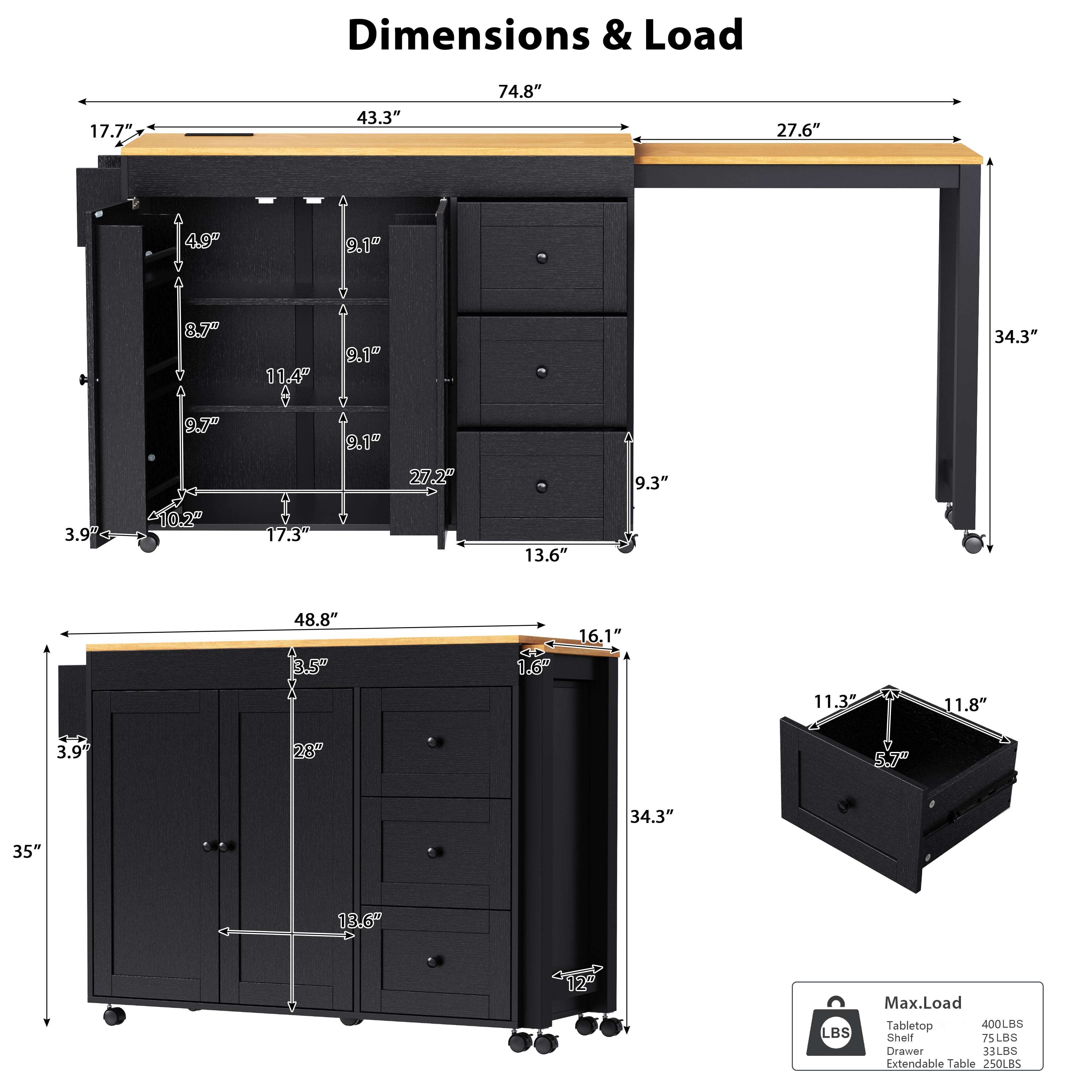 74.8-Inch Kitchen Island with Extendable Dining Table and Power Outlet, Rolling Kitchen Cart with 3 Drawers and Spice Rack for Kitchen, Black