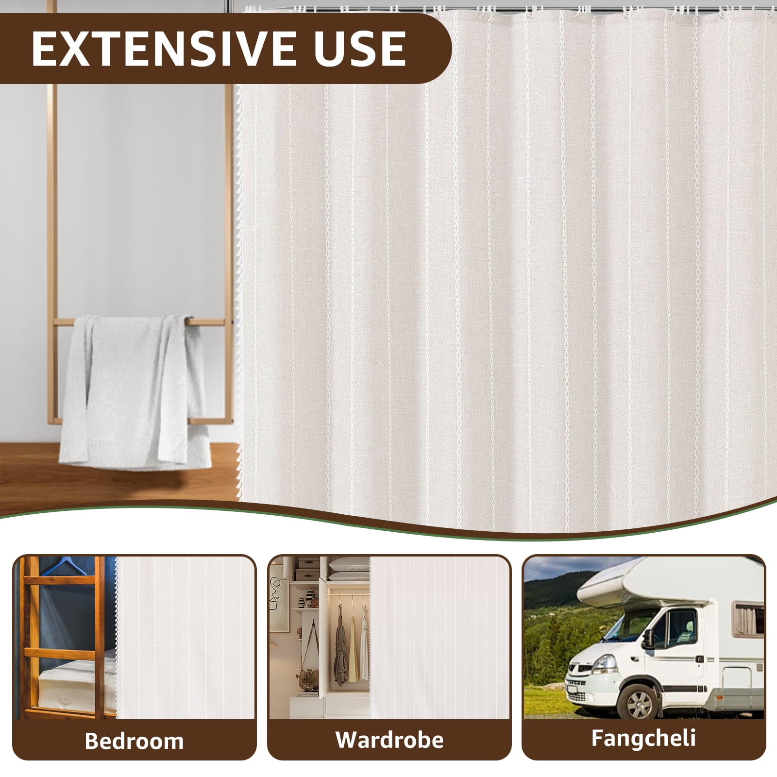 Dznils Boho Tassel Shower Curtain with Hooks, Farmhouse Thick Cloth Linen Fabric Bathroom Curtain, Beige, 72" x 72"