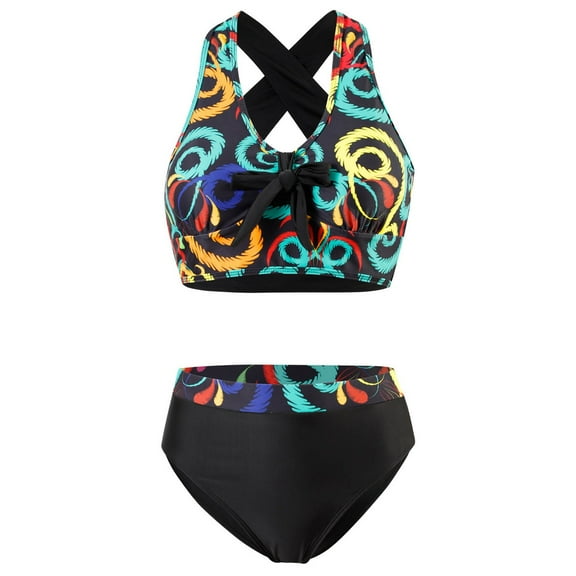 QLEICOM Womens Swimsuits Tummy Control Plus Size Swimsuit Coverup Fashion Printing Vest Swimsuit Split Bikini Large Size Briefs Swimsuit Multicolor 5XL