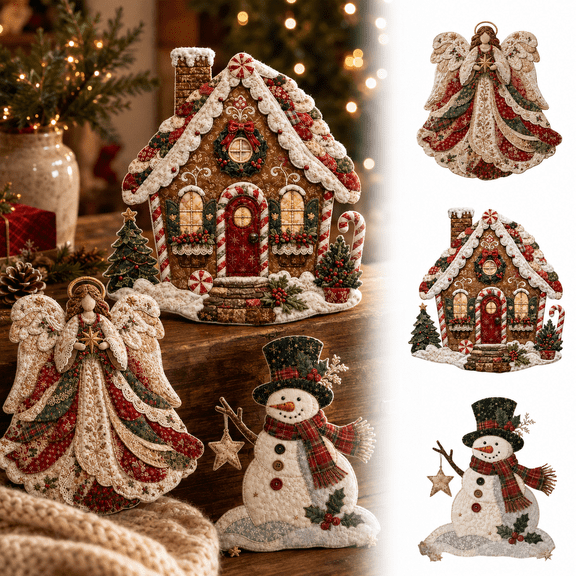 DIY Christmas Patchwork Kit, Quilted Fabric Craft Set with Printed Cloth Pieces and Step by Step Sewing Project for Home Decor Gift