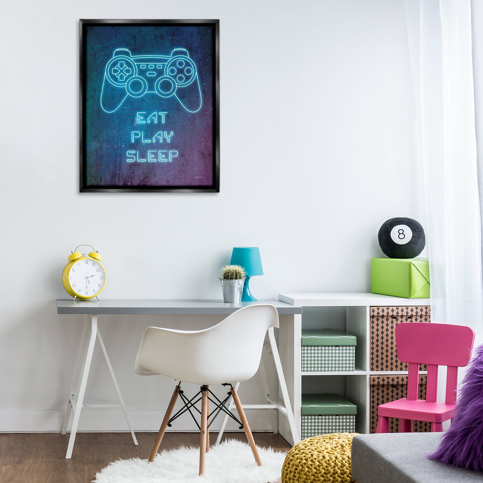 Stupell Industries Eat Play Sleep Neon Typography Painting Black Floater Framed Art Print Wall Art, 25 x 31