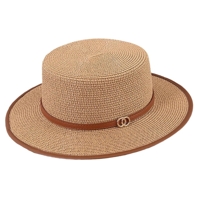 Sombrero de paja tejido con protección solar para mujer, sombrero de ala corta a la moda para mujer caqui