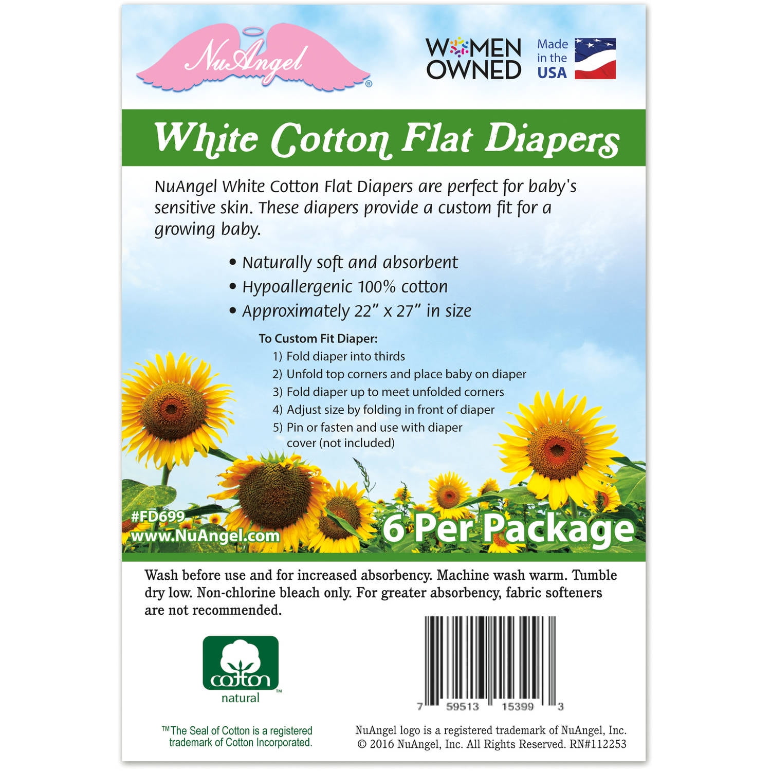 NuAngel White Cotton Flat Diapers, 6 Count