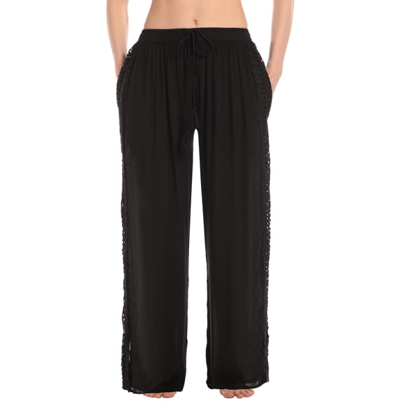 Riviera Sun Women's Rayon Palazzo Pants – Lightweight Wide Leg Beach Lounge Pants with Pockets – Boho Summer Travel Pants (Solid Black With Crochet Lace, X-Small)