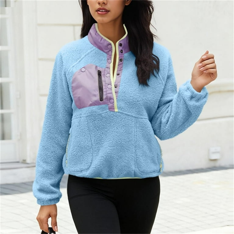 Fuzzy Sherpa Sweatshirts for Women Color Block Casual Stand Collar