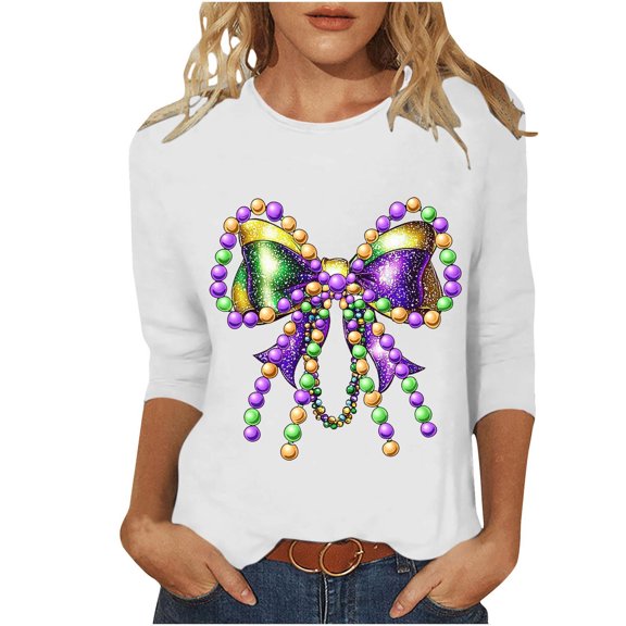TKLPEHG Mardi Gras T Shirts for Women Casual Crewneck Short Sleeve T Shirts Cute Graphic Tee Loose Comfy Tshirt (White,XXL)