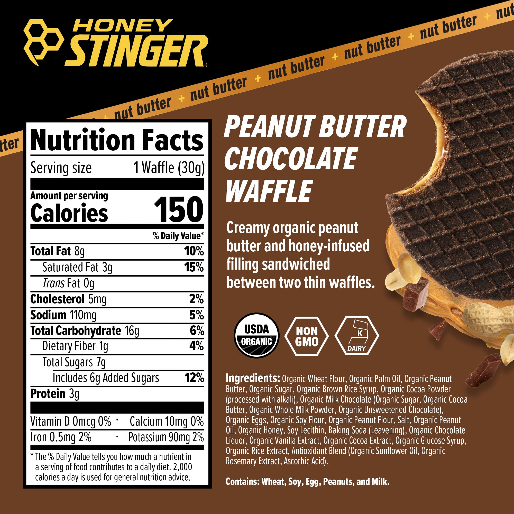 Honey Stinger Organic Energy Waffle Snack, Peanut Butter Chocolate, 1.06 oz, 6 Count