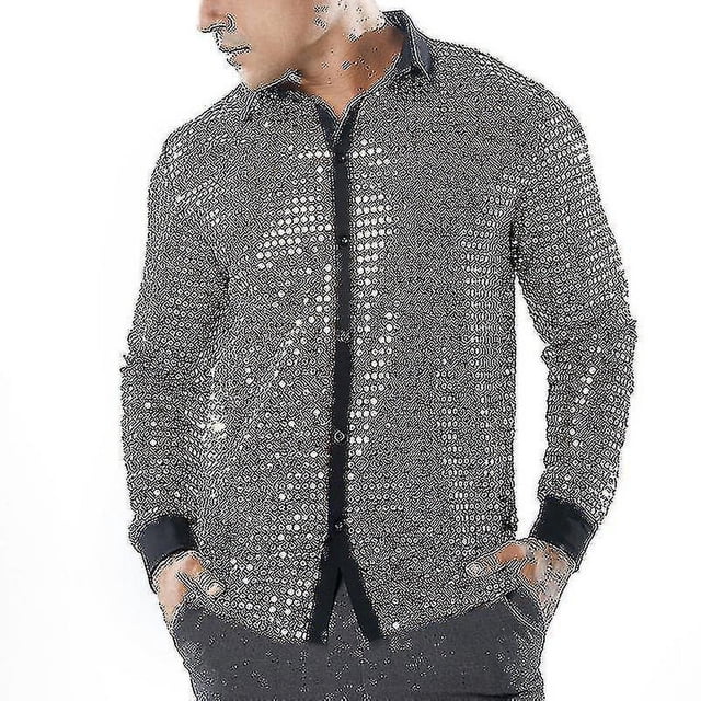 Top de malla con lentejuelas brillantes para hombre, camisa de baile disco de los años 60 y 70