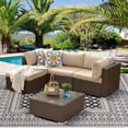 thumbnail image 3 of Royalcraft Rattan Patio Sofa Set, 5 Pieces Outdoor Sectional Furniture Set, All-Weather PE Wicker Patio Conversation Set, Outdoor Couch Sofa Set with Glass Table & Beige Cushions, 3 of 7