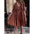 thumbnail image 2 of Dark Brown Babydoll Mini Dress For Women Summer Loose Bubble Short Sleeve Scoop Neck, 2 of 7