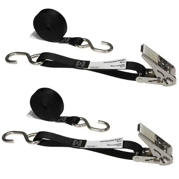 1" x 10' Black Stainless Steel Thumb Ratchet Strap w/ S-Hooks - 2 Pa