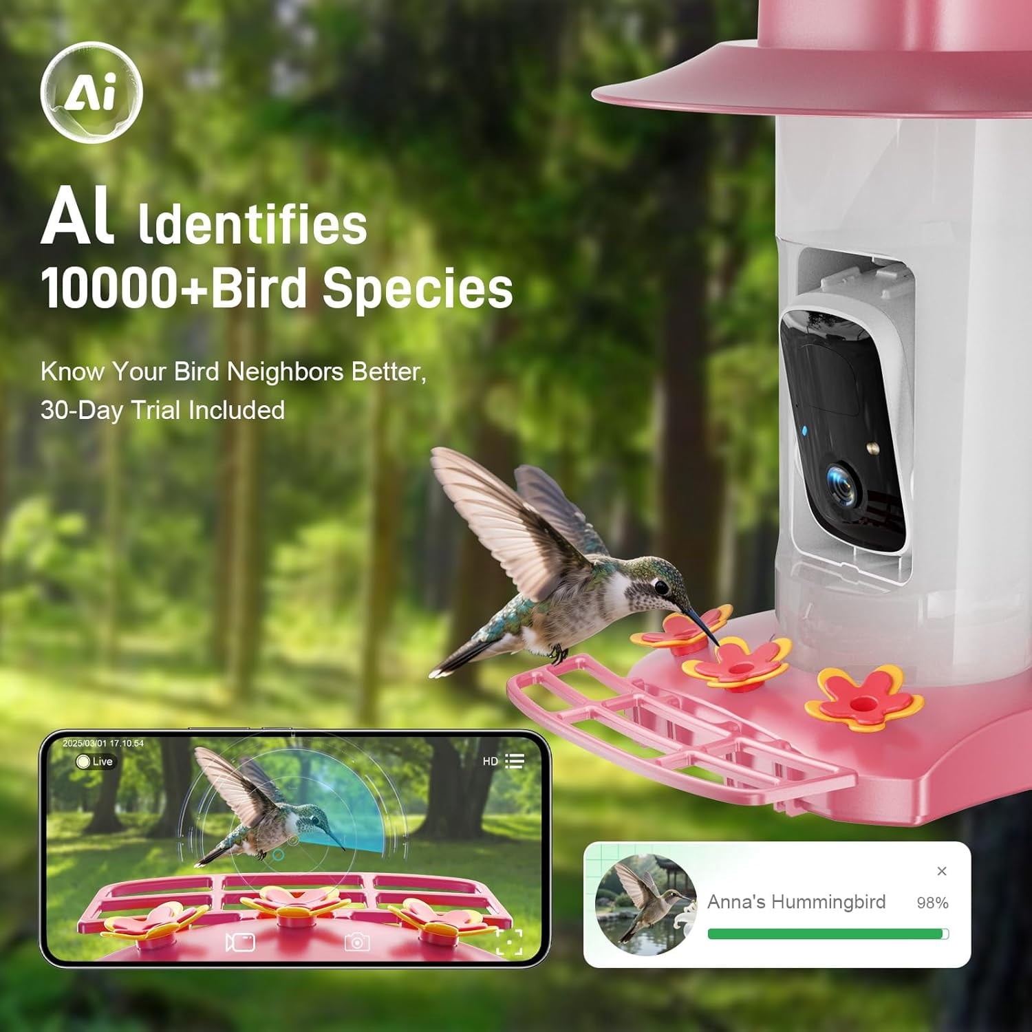 Hummingbird Feeder with Camera Outdoor, SV3C Hanging Bird Feeder with Ant Moat & Bee-Proof, HD 2K Solar Powered, AI Bird Identify, Instant App Alerts, Auto Capture, Hummingbird Lover Gifts, 21oz