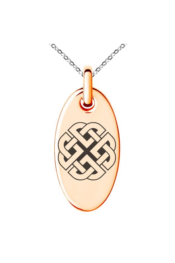 Stainless Steel Celtic Quaternary Knot Rune Engraved Small Oval Charm Pendant Necklace