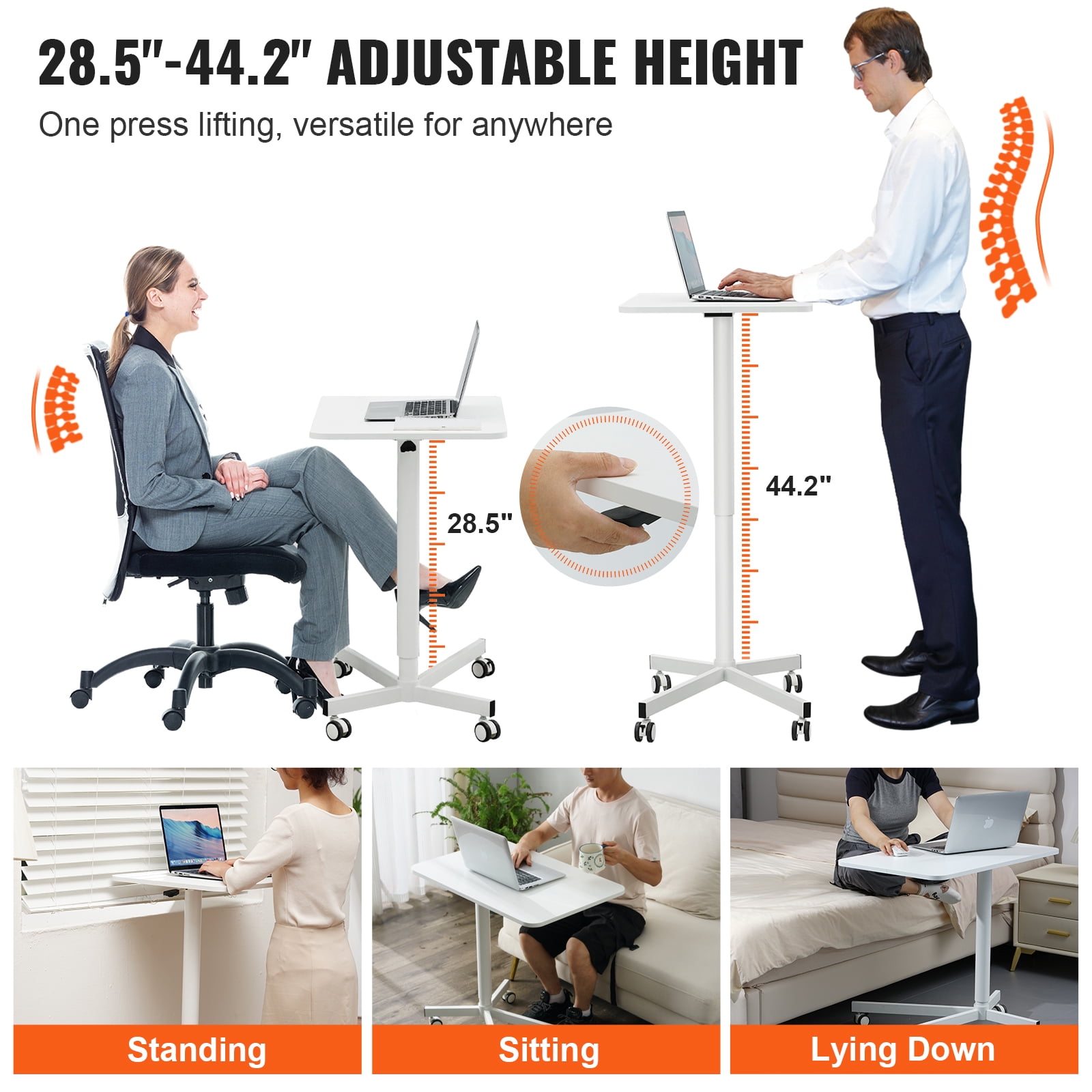 VEVOR Mobile Standing Desk, 28.5"-44.2" Gas-Spring Height Adjustable Sit-Stand Desk, 360° Swivel Wheels (2 Lockable) Portable Rolling Laptop Table Computer Cart for Home Office School, 44LBS Loading