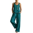 thumbnail image 3 of Sleeveless Button Front Linen Set for Women, Scoop Neck Tank & Wide Leg Pants Two Piece Outfit - Loose Fit Summer Vacation Ensemble Blue L, 3 of 5