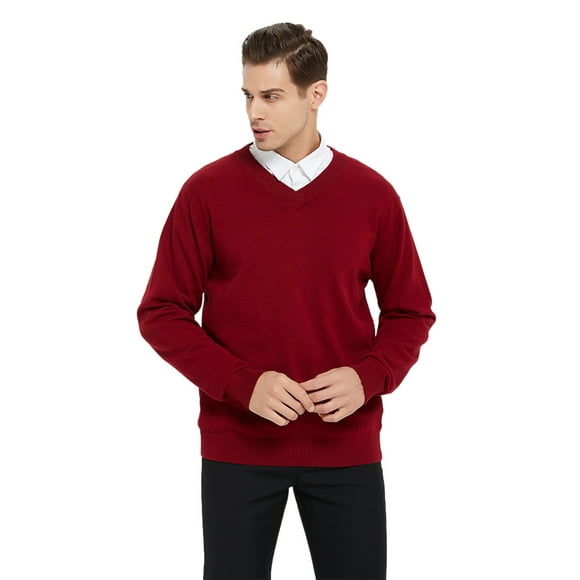 TOPTIE Pull à Manches Longues Homme Slim Fit V-Neck-Wine Red-S