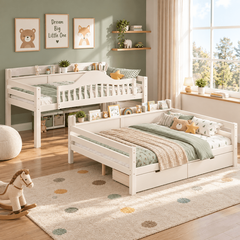 Twin Over Full Bunk Bed with 2 Storage Drawers, Solid Wood Kids Bunk Bed with Curved Guardrails, Side Storage Shelves and Ladder, No Box Spring Needed