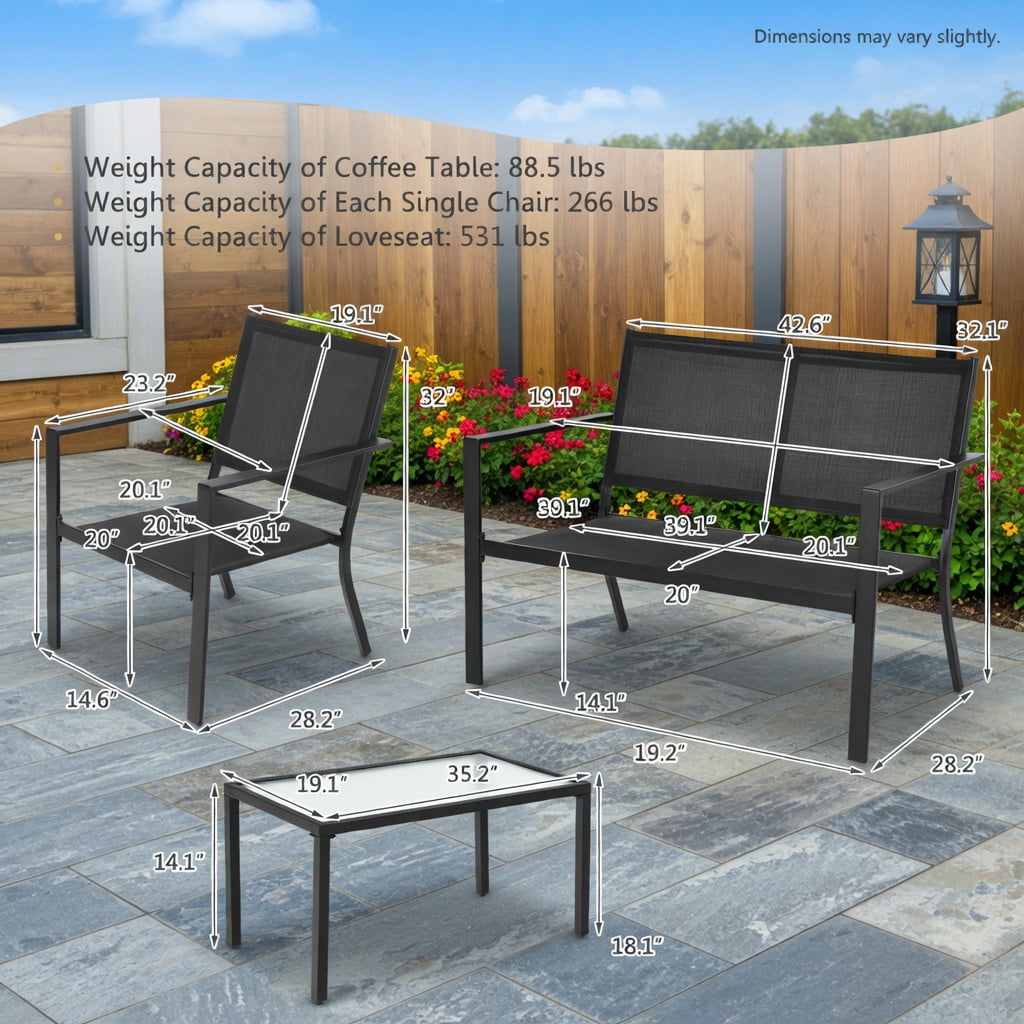 Hommoo 4-Piece Outdoor Patio Furniture Set, Steel Frame Loveseat, 2 Chairs & Tempered Glass Coffee Table for Backyard, Garden, Poolside, Gray