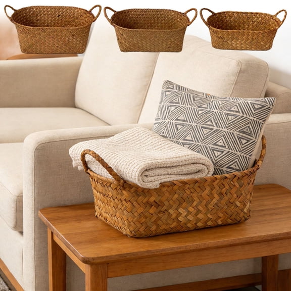 Woven Wicker Storage Basket with Sturdy Handle - Durable Organizer for Throw Blankets Laundry Toys, Versatile Basket for Living Room Bedroom Closet, Home Storage Solution, 12*5in, Brown