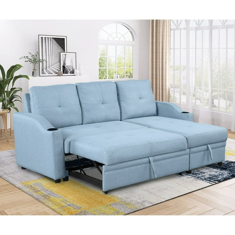 Pull Out Sofa Bed Linen Fabric 3 Seater Couch with Storage Chaise and Cup Holder Gray Walmart