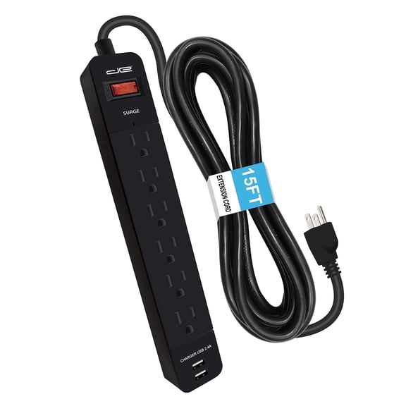 Digital Energy ENR1-1007 6-Outlet Surge Protector Power Strip with 2 USB Ports and 15-Foot Cord (Black)