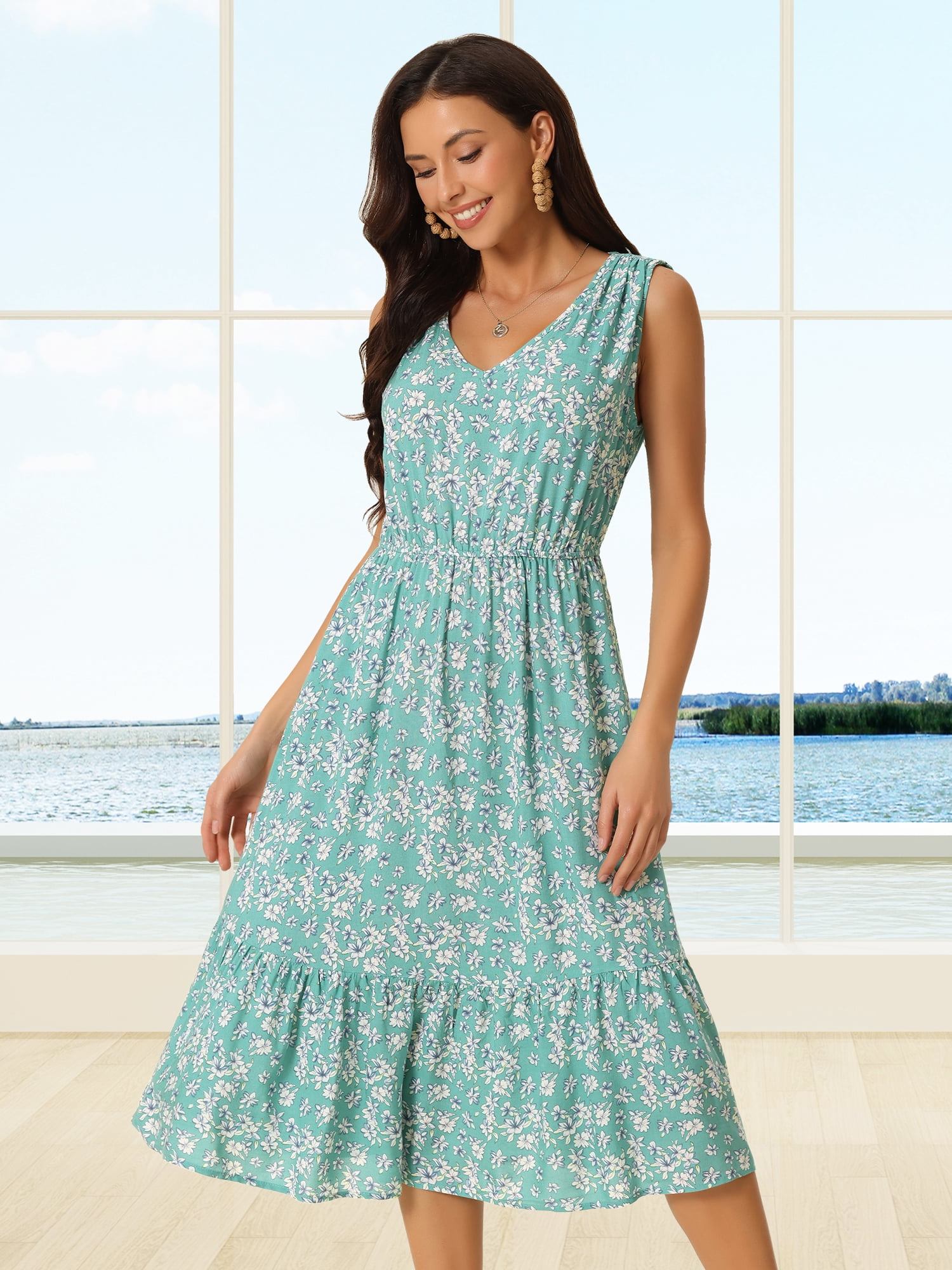DARING DIVA Summer V Neck Sleeveless Flowy Midi Dress M Green