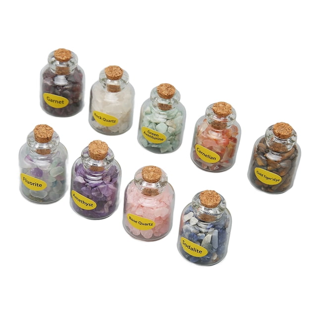 Juego de cristales de chip, 9 botellas de piedras curativas, mini botellas de piedras, juego de piedras Wicca meticulosamente diseñadas