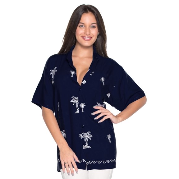 HAPPY BAY Women's Casual Blouse Shirt Solid Blouses Button Up Short Sleeve Dress Tops Tee Hawaiian Shirts for Women M Navy_AD594